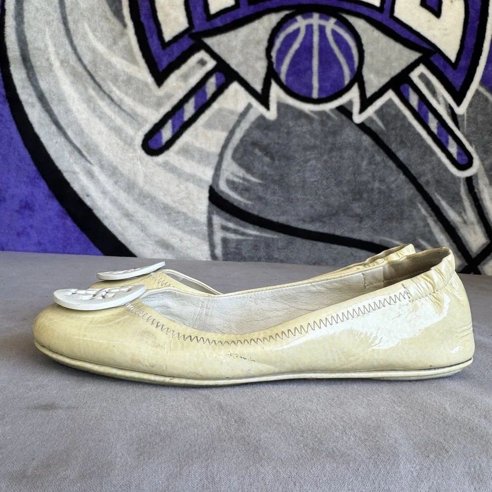 Size 6.5m - Tory Burch Flats Reva Metallic Gold Tumbled Leather Ballerina Shoes
